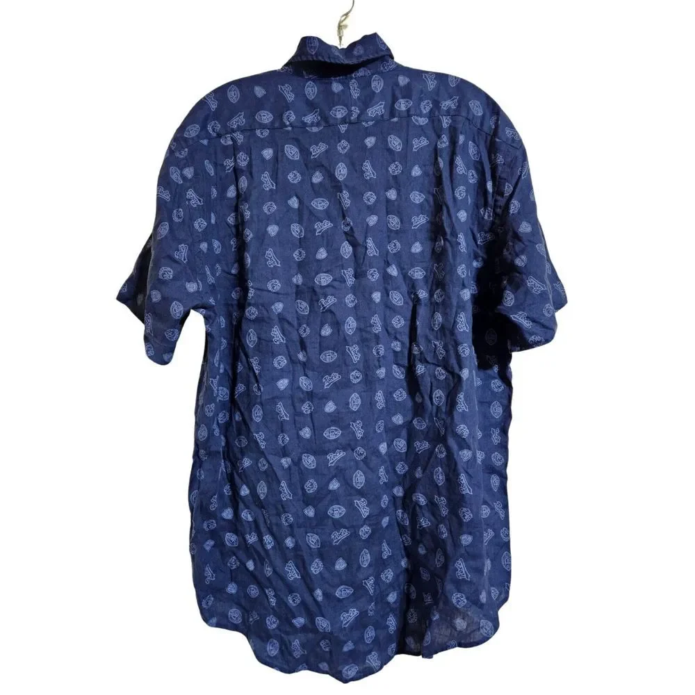 Polo Ralph Lauren Shirt 100% LINEN Blue All Over Rugby Football Print Men's‎ L